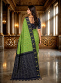Elegant Green Ikat Print Saree with Navy Blue Contrast Pallu & Blouse Piece