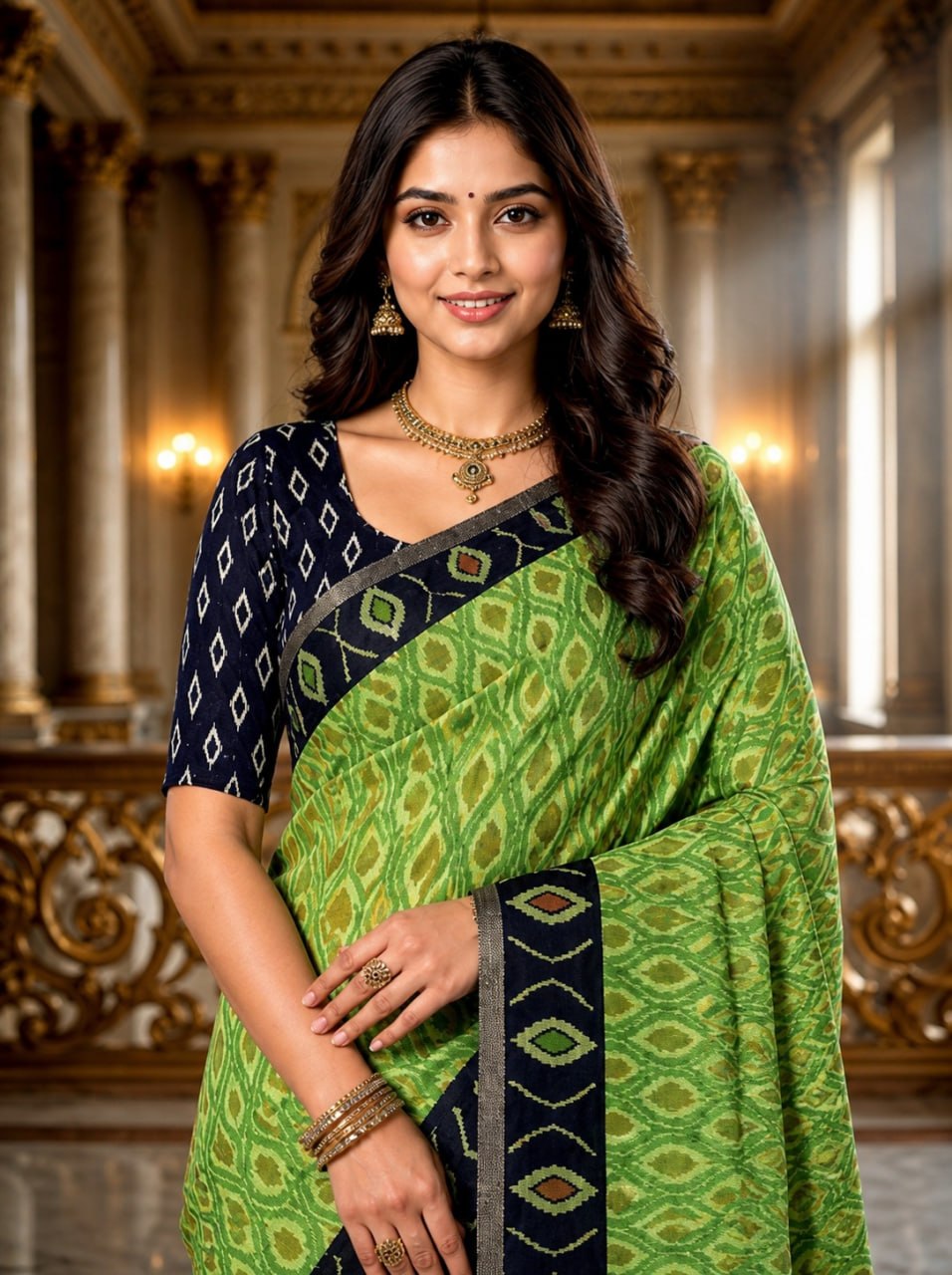 Elegant Green Ikat Print Saree with Navy Blue Contrast Pallu & Blouse Piece