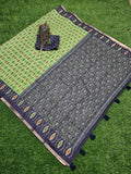 Elegant Green Ikat Print Saree with Navy Blue Contrast Pallu & Blouse Piece
