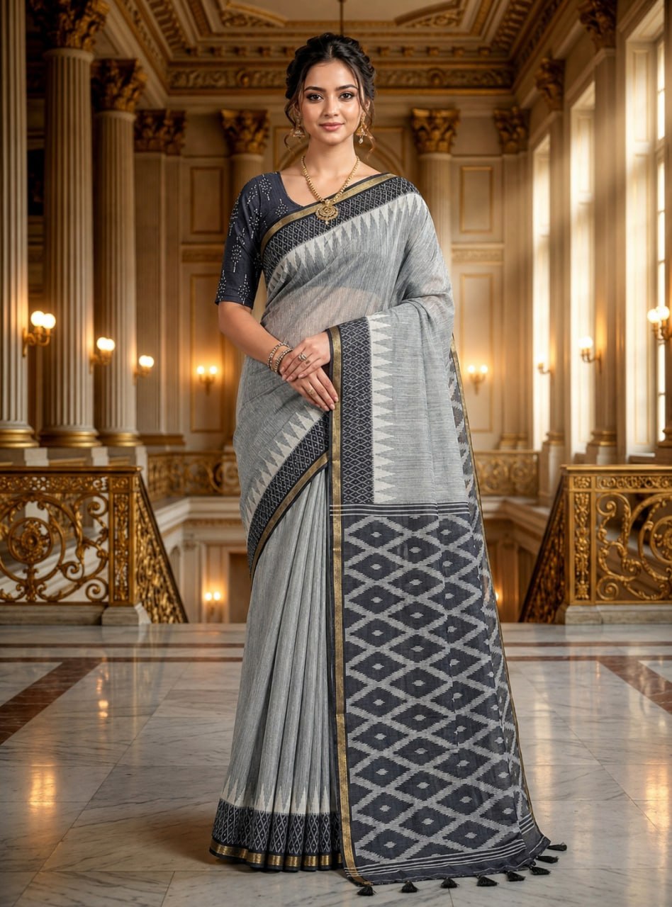 Premium Grey Linen Cotton Saree with Ikat Designer Pallu & Tassel Detailing