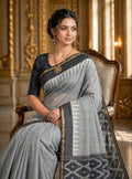 Premium Grey Linen Cotton Saree with Ikat Designer Pallu & Tassel Detailing