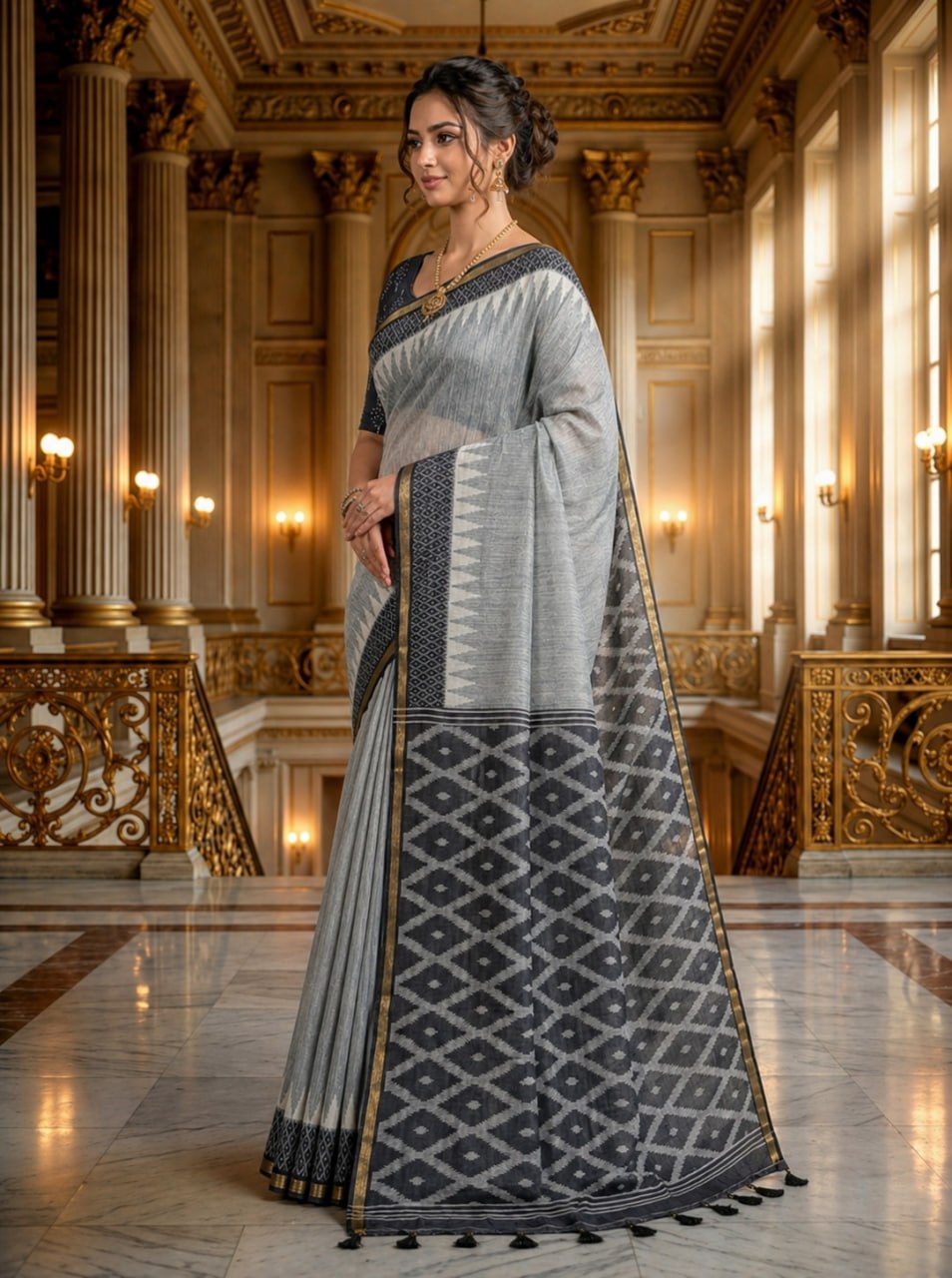 Premium Grey Linen Cotton Saree with Ikat Designer Pallu & Tassel Detailing