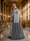 Premium Grey Linen Cotton Saree with Ikat Designer Pallu & Tassel Detailing