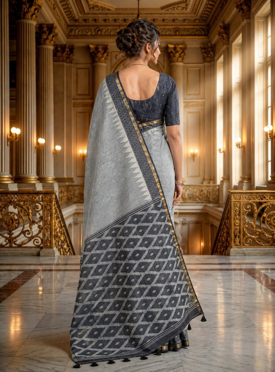 Premium Grey Linen Cotton Saree with Ikat Designer Pallu & Tassel Detailing