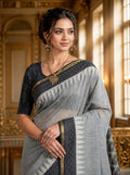 Premium Grey Linen Cotton Saree with Ikat Designer Pallu & Tassel Detailing