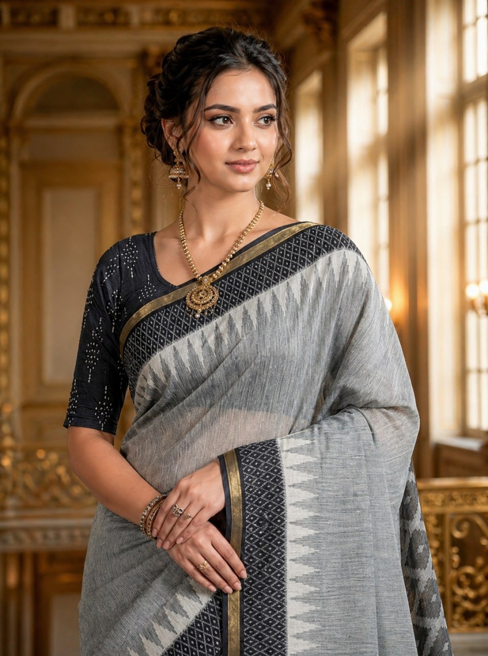 Premium Grey Linen Cotton Saree with Ikat Designer Pallu & Tassel Detailing