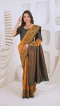 Mustard Yellow Silk Blend Saree with Emerald Green Jacquard Border & Rich Pallu