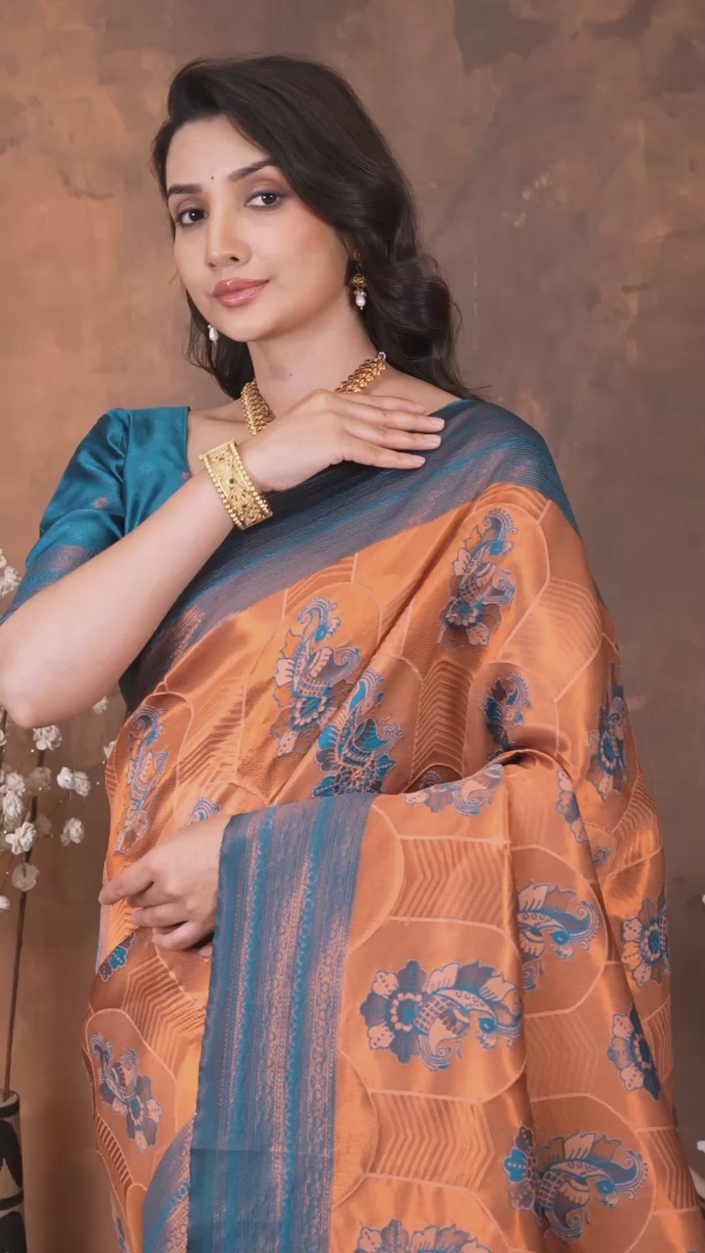 Royal Teal Blue Silk Blend Saree with Copper Zari Border & Designer Pallu