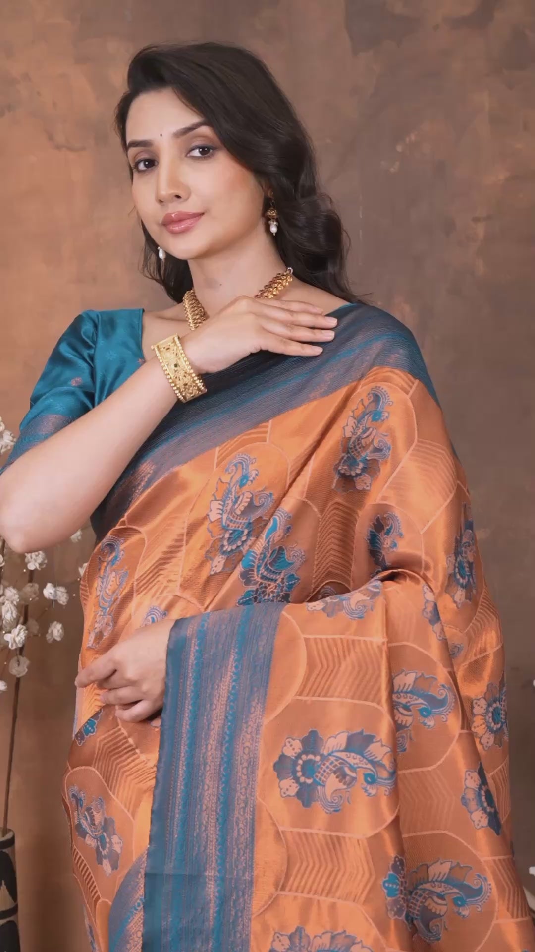 Royal Teal Blue Silk Blend Saree with Copper Zari Border & Designer Pallu