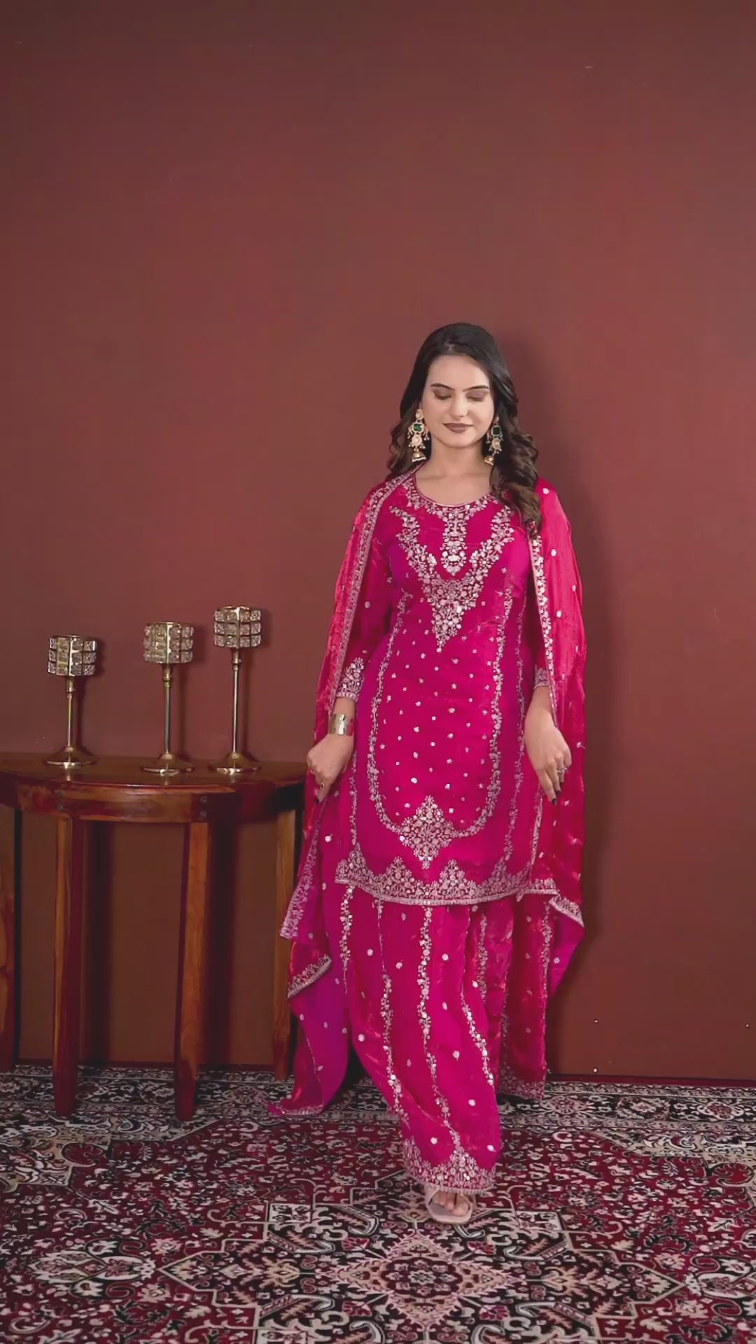Luxury Designer Rani Pink Fendy Silk Sharara Suit with Sequence Embroidery Dupatta