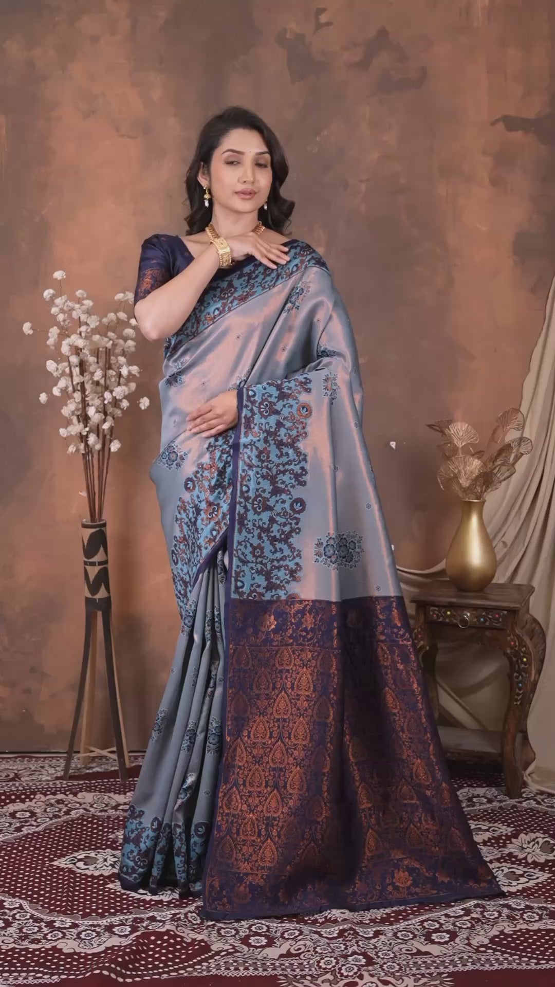 Premium Steel Grey Silk Saree with Royal Navy Paisley Border & Designer Pallu