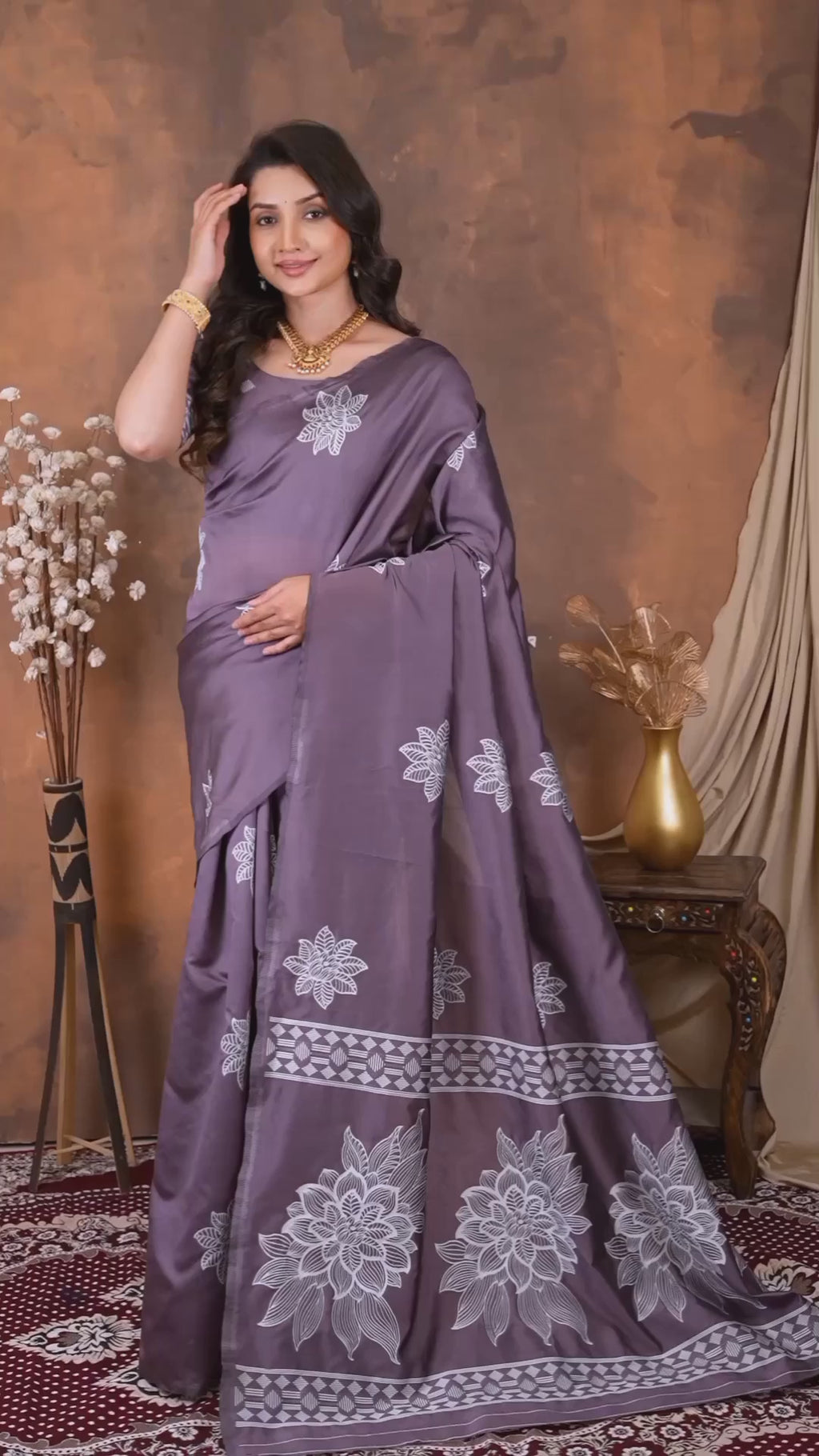 Vedrani Dusty Mauve Floral Woven Soft Silk Designer Saree for Festive & Wedding Elegance