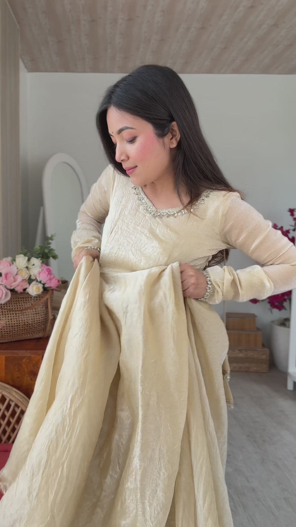 Vedraani Premium Doremon Crush Mirror Work Flared Gown Set with Butterfly Net Dupatta for Women