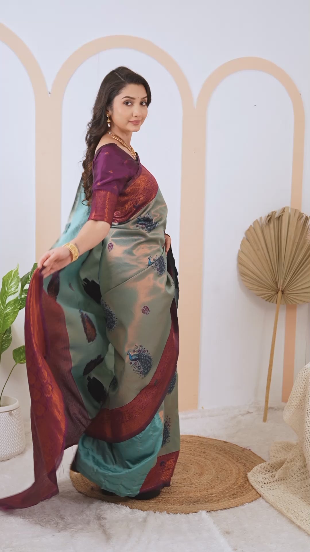 Luxury Sage Green Banarasi Silk Saree with Wine Jacquard Border | Designer Festive Saree