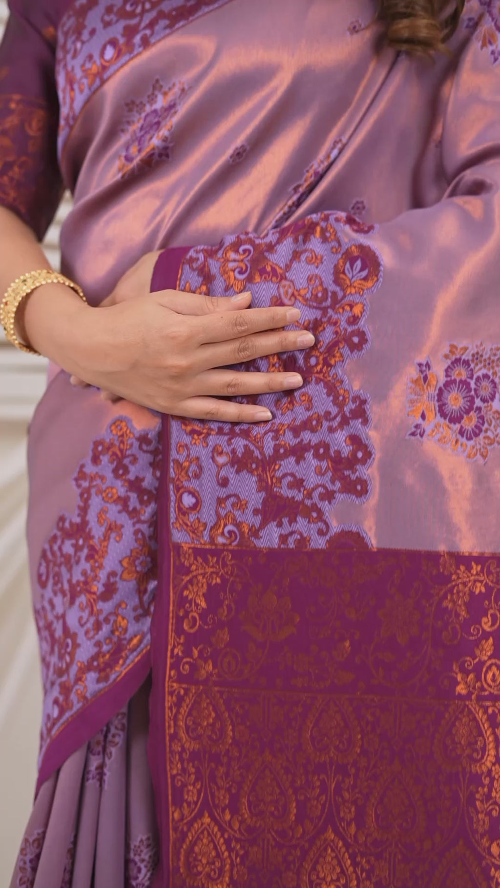 Dual Tone Lavender Banarasi Silk Saree with Rich Wine Zari Pallu