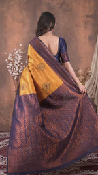 Premium Mustard Yellow Jacquard Silk Saree with Navy Blue Zari Woven Pallu