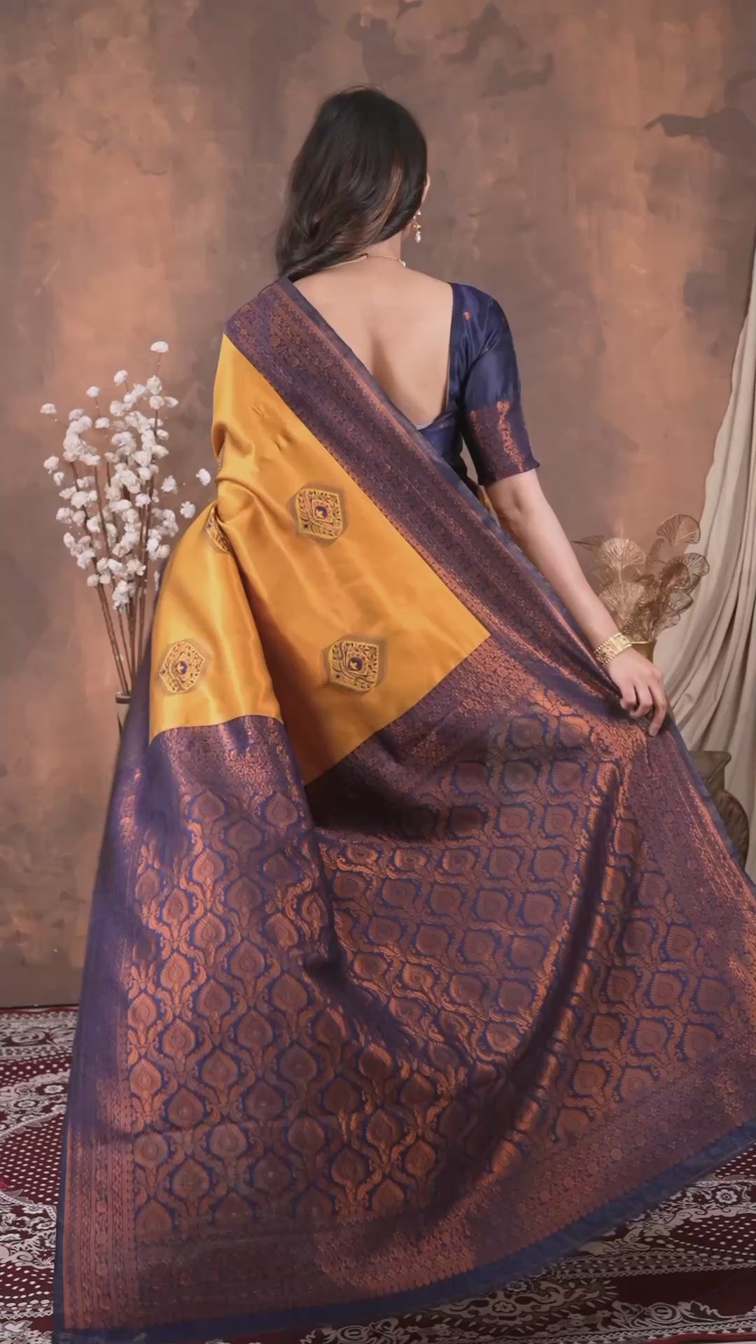 Premium Mustard Yellow Jacquard Silk Saree with Navy Blue Zari Woven Pallu