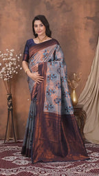 Luxury Steel Blue Silk Blend Saree with Wine Zari Border & Floral Designer Pallu