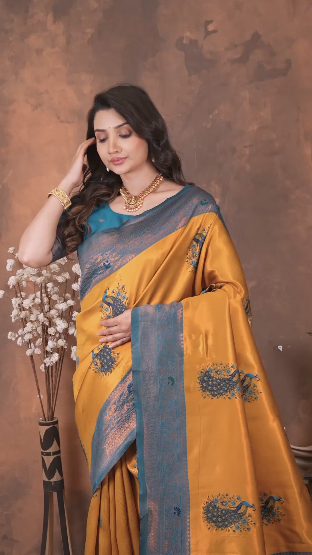 Luxury Mustard Banarasi Silk Saree with Peacock Weaving | Designer Festive Saree for Women