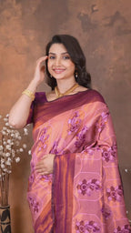 Luxury Rose Pink Silk Blend Saree with Plum Zari Border & Designer Pallu