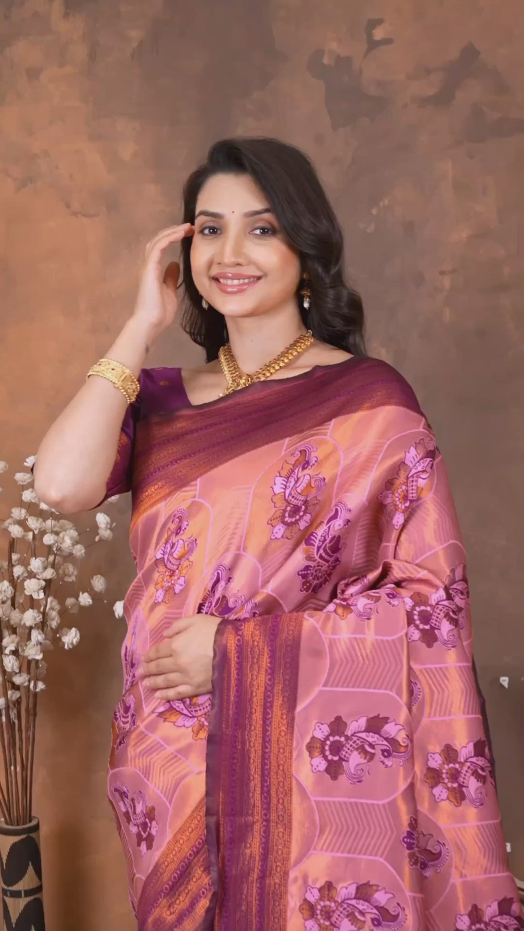 Luxury Rose Pink Silk Blend Saree with Plum Zari Border & Designer Pallu
