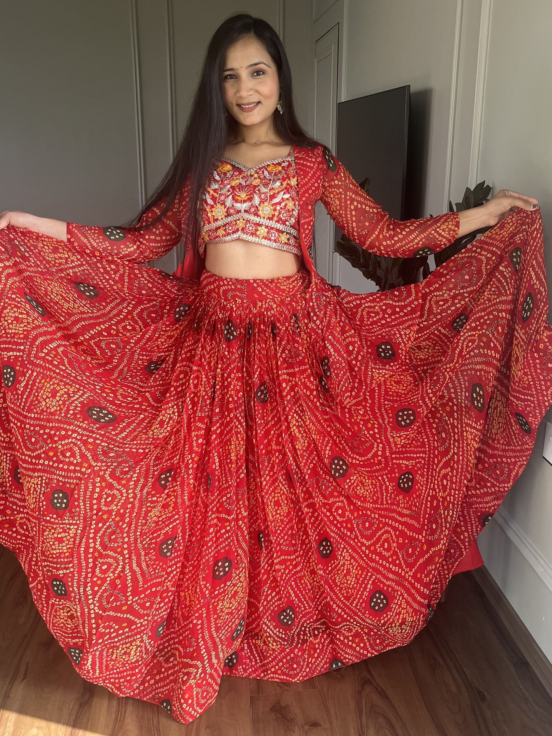 Ravishing Red Bandhani Printed Georgette  Lehenga Choli With Jacket