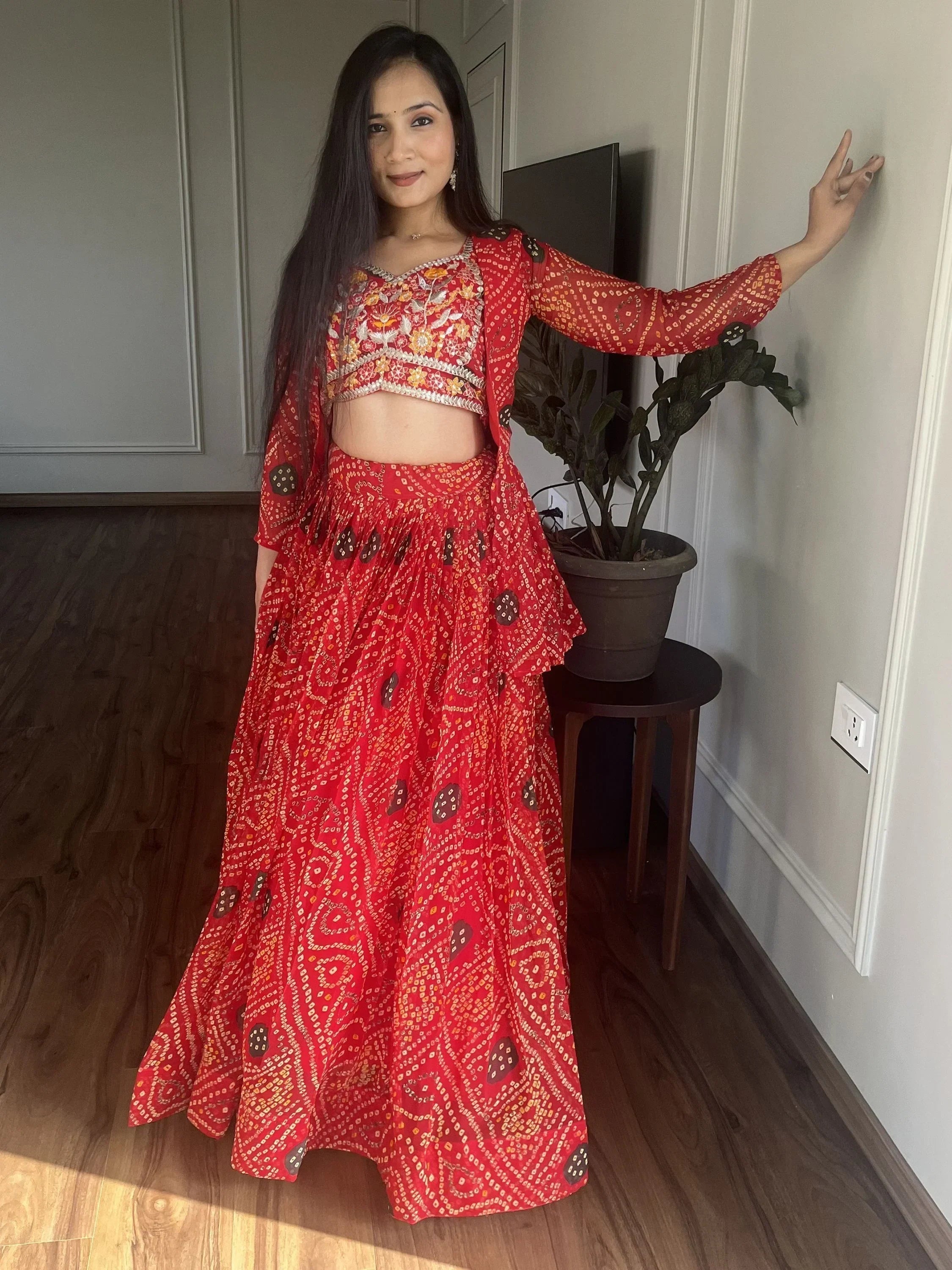Ravishing Red Bandhani Printed Georgette  Lehenga Choli With Jacket