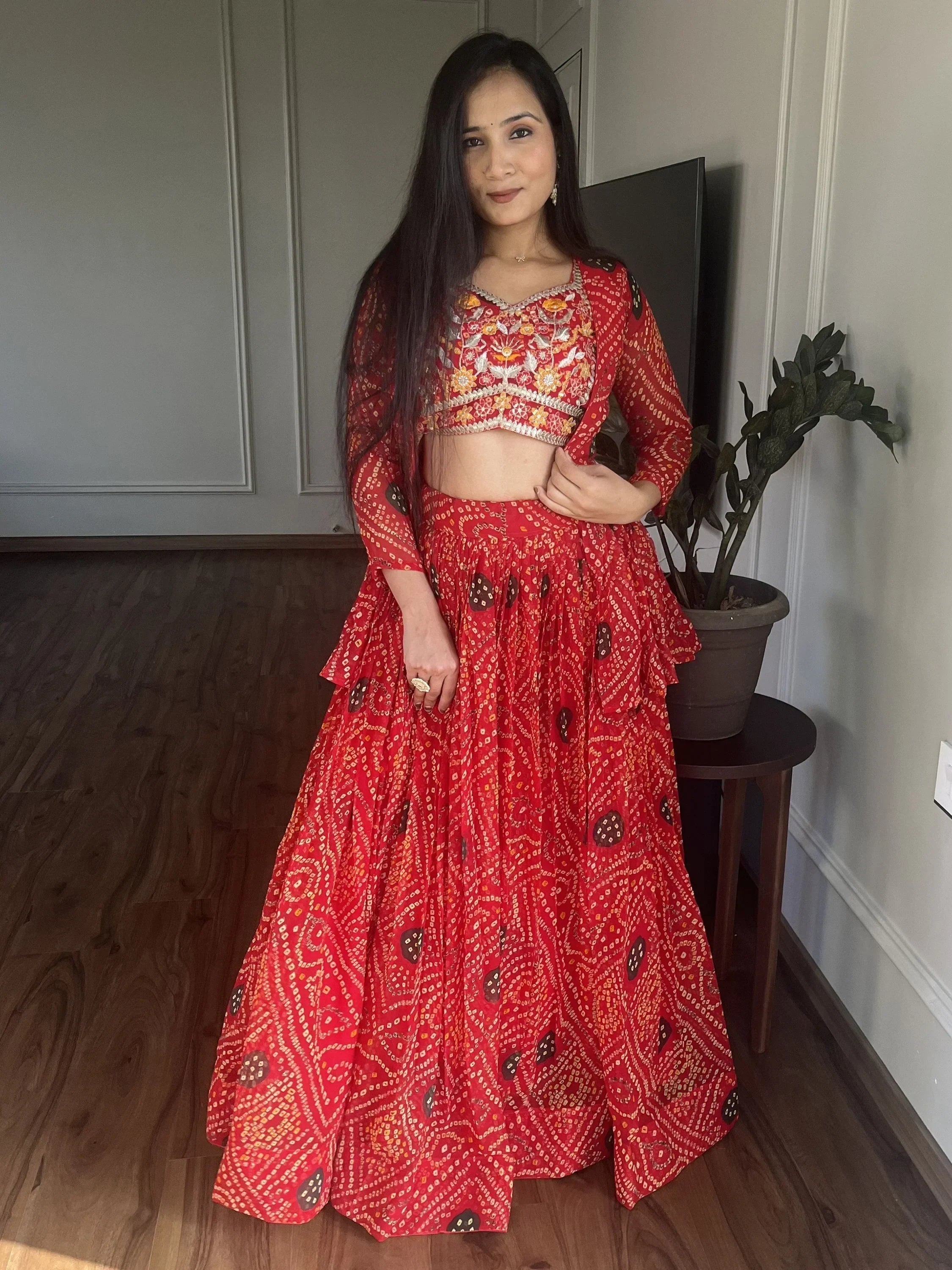 Ravishing Red Bandhani Printed Georgette  Lehenga Choli With Jacket