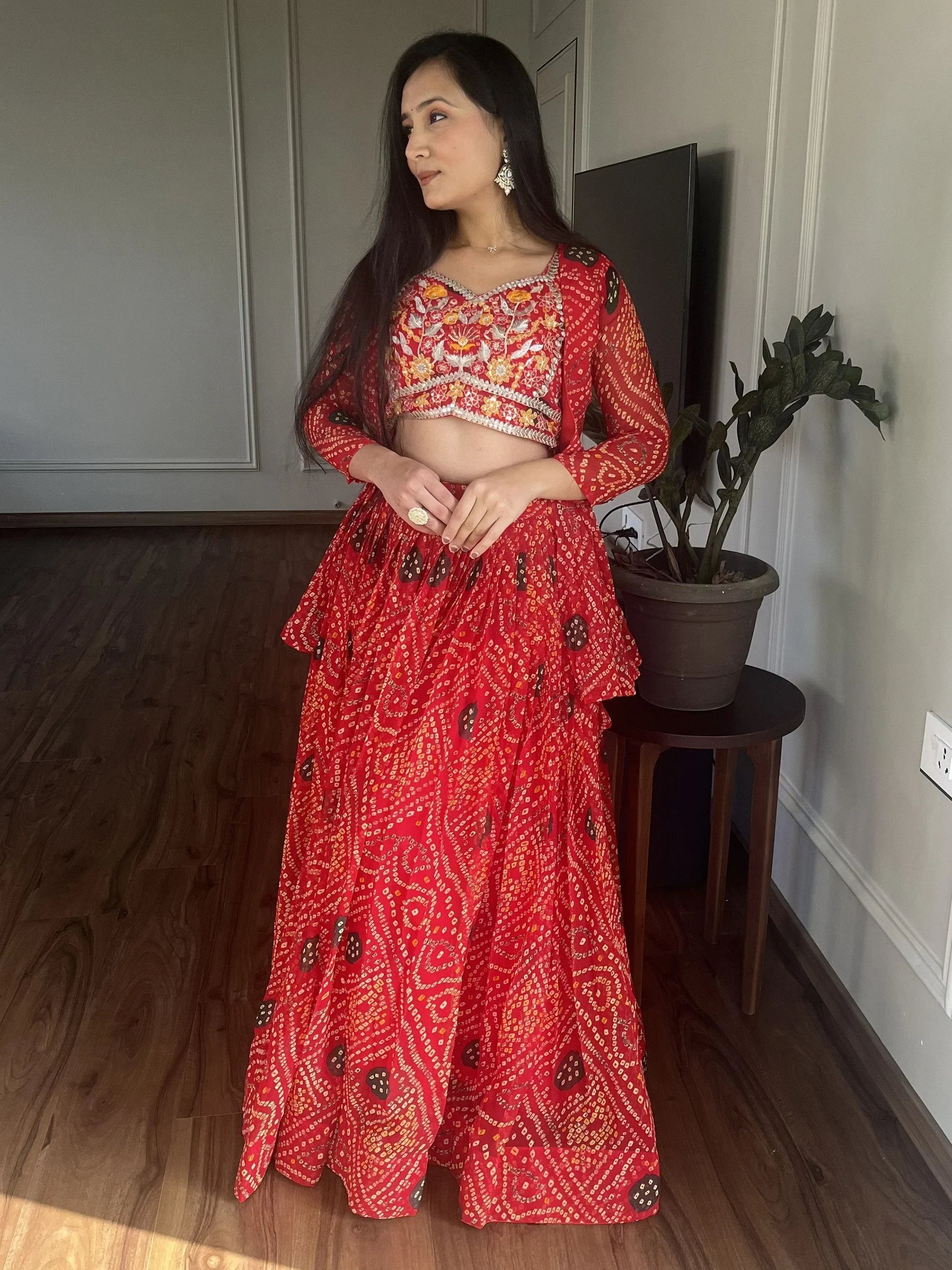 Ravishing Red Bandhani Printed Georgette  Lehenga Choli With Jacket