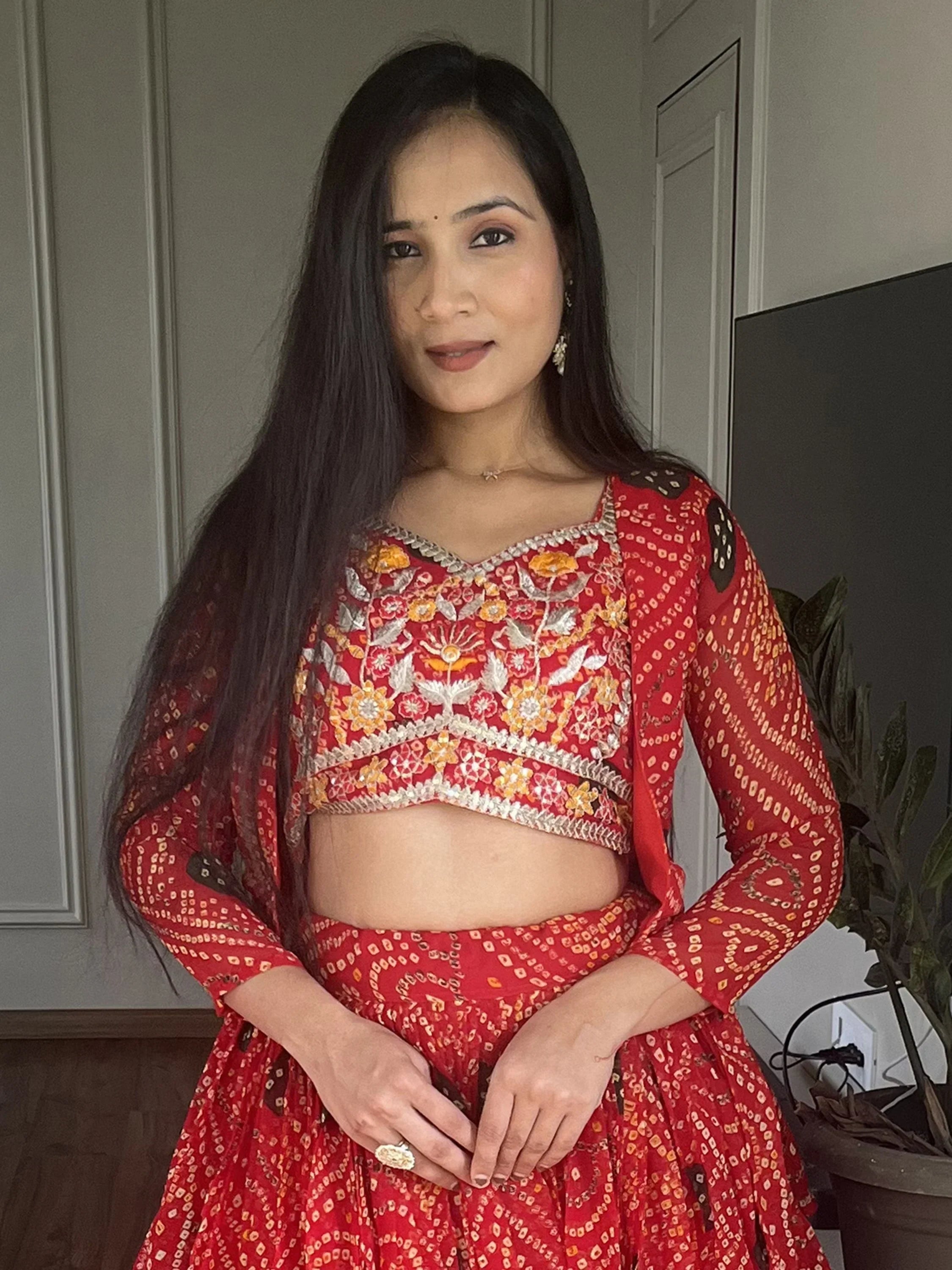Ravishing Red Bandhani Printed Georgette  Lehenga Choli With Jacket