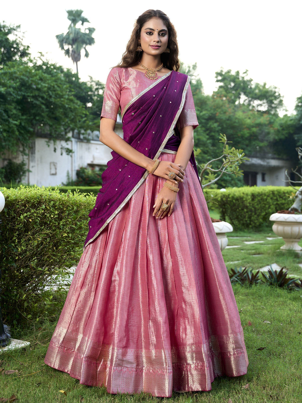 Tantalizing Pink Zari Weaving Silk Wedding Lehenga Choli With Dupatta
