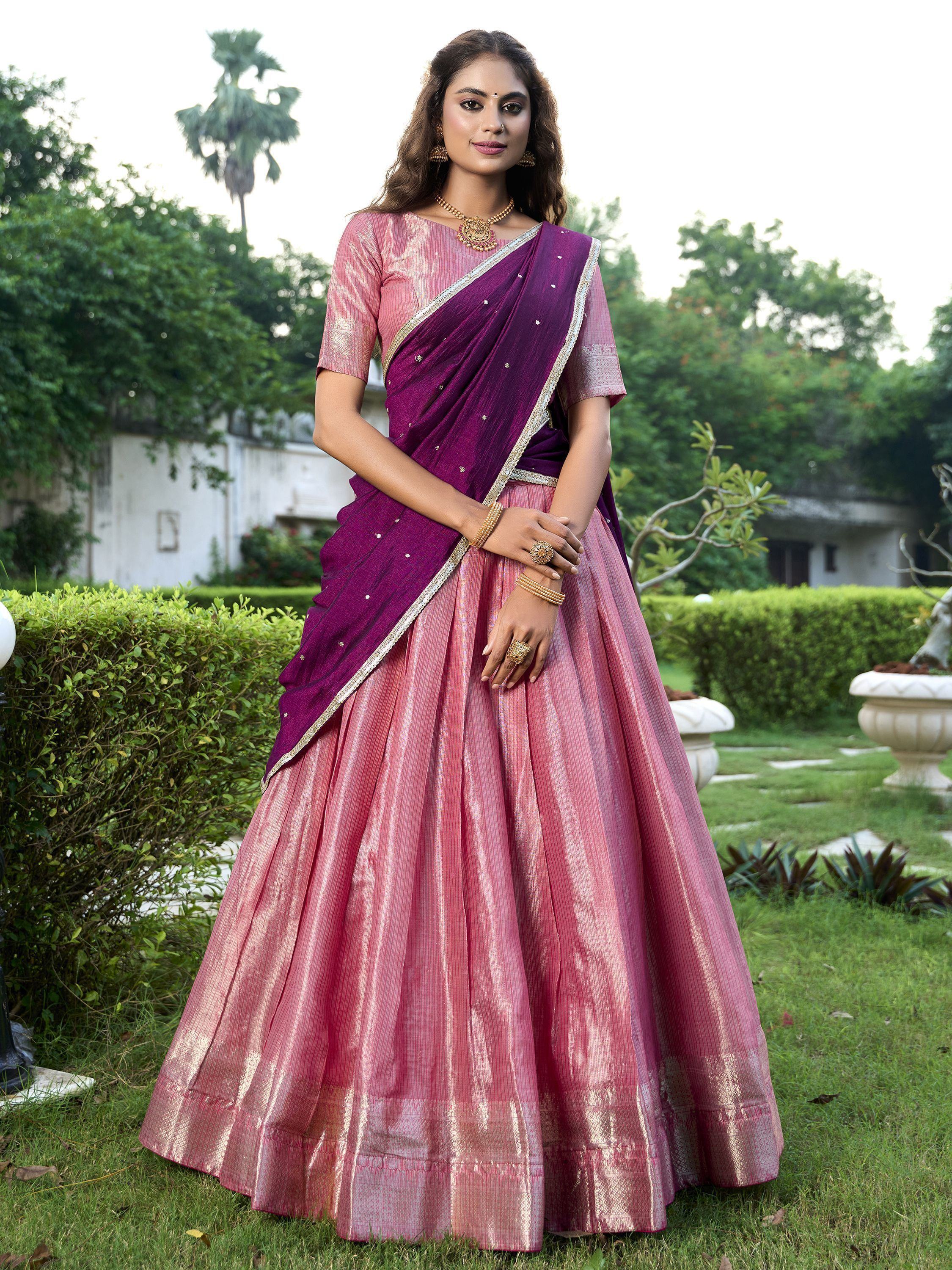 Tantalizing Pink Zari Weaving Silk Wedding Lehenga Choli With Dupatta