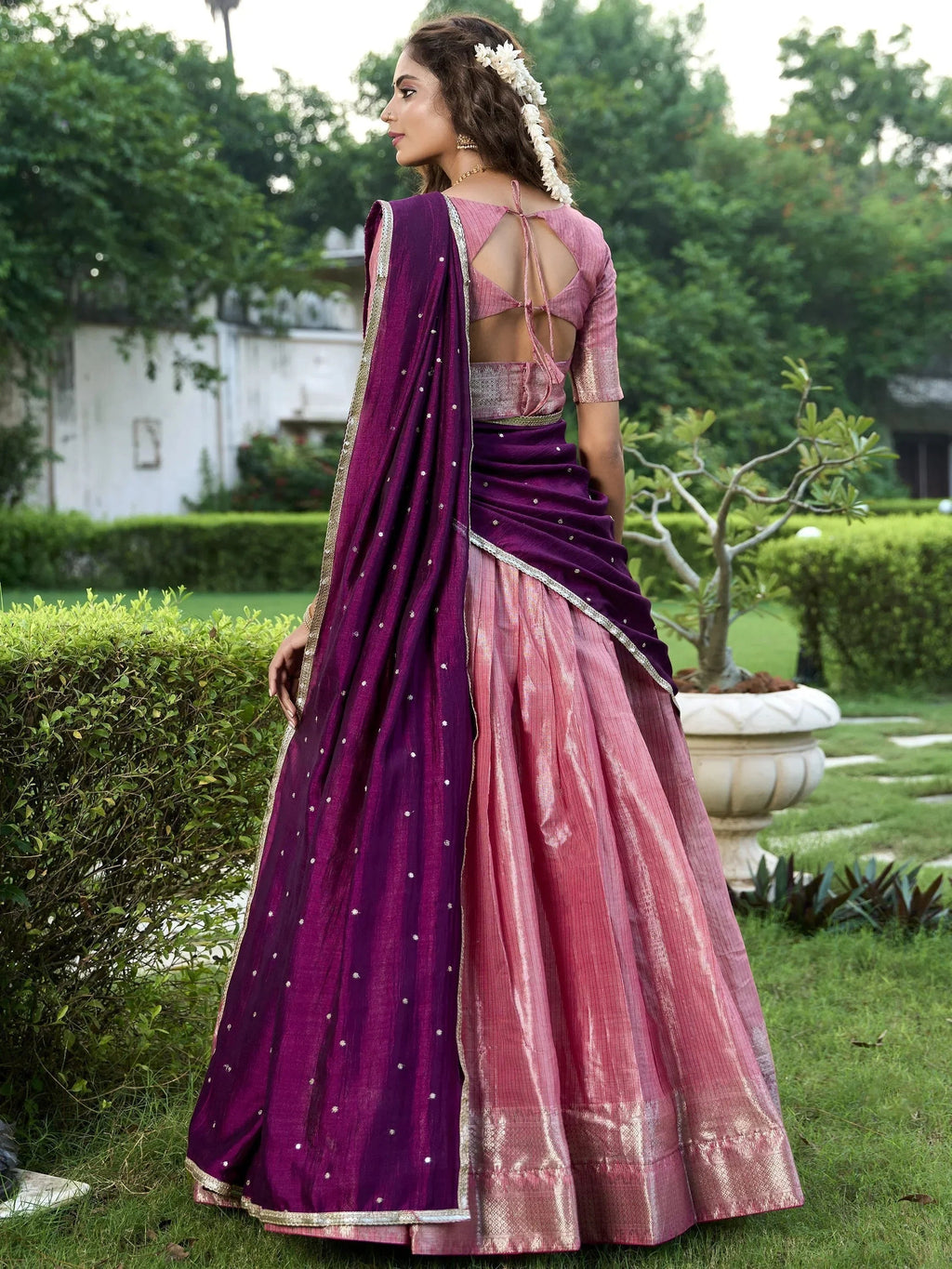 Tantalizing Pink Zari Weaving Silk Wedding Lehenga Choli With Dupatta