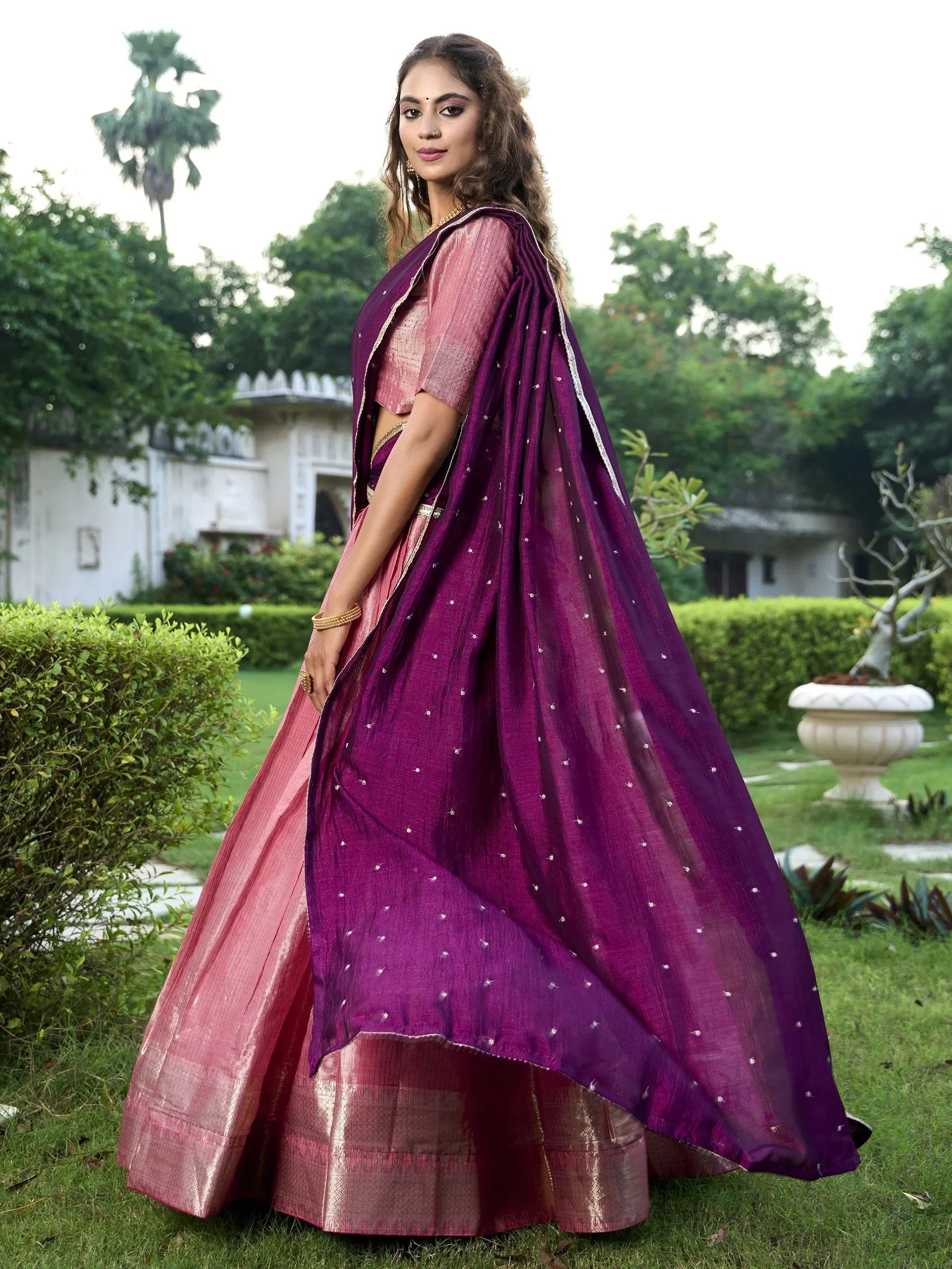 Tantalizing Pink Zari Weaving Silk Wedding Lehenga Choli With Dupatta