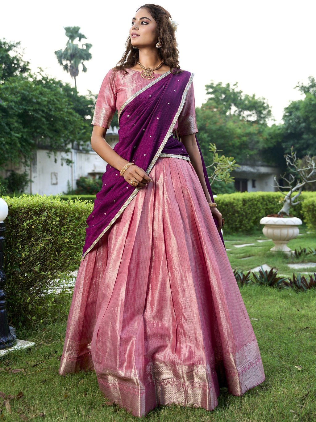 Tantalizing Pink Zari Weaving Silk Wedding Lehenga Choli With Dupatta