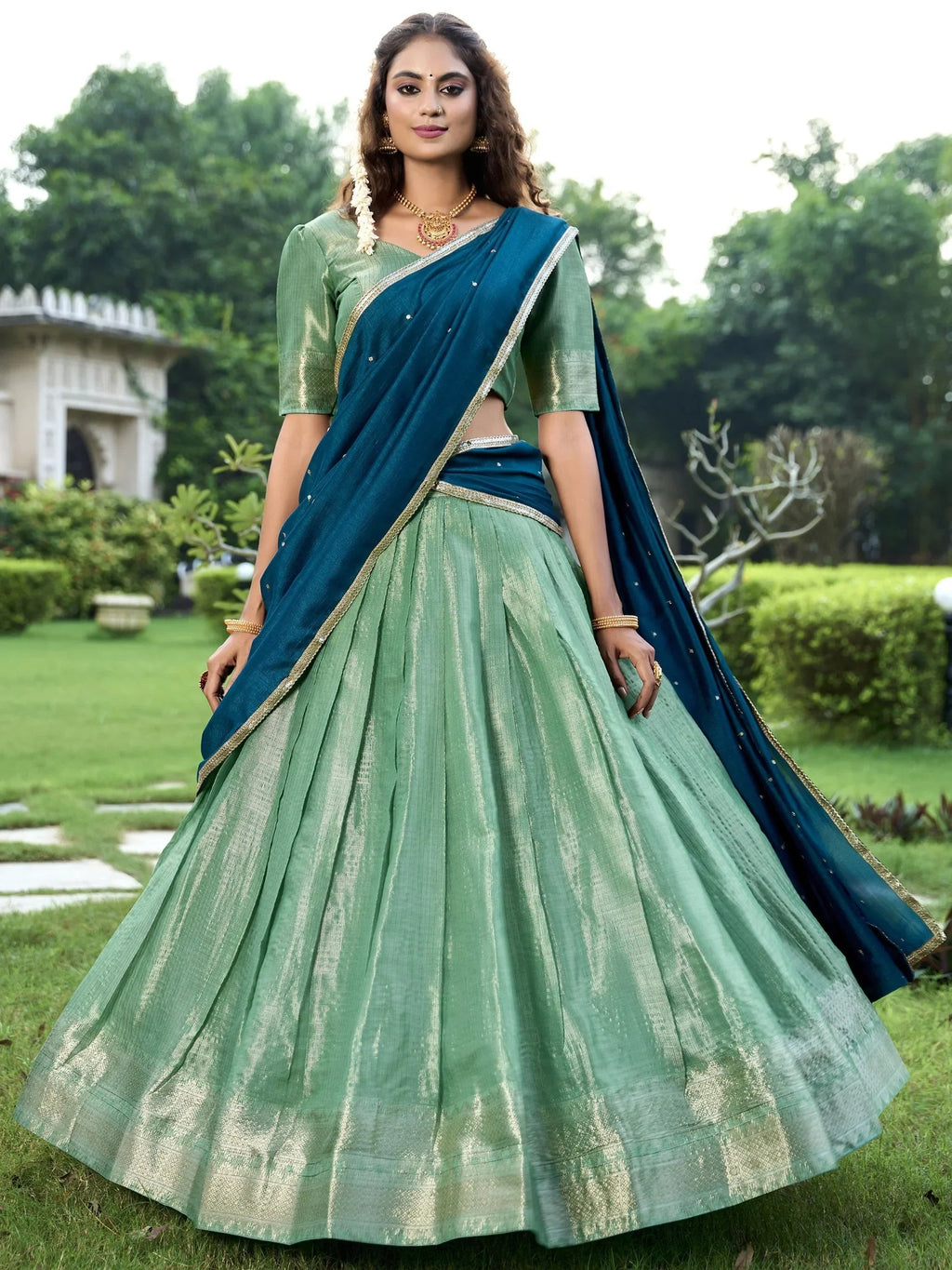 Unique Sea Green color Zari Weaving Silk  Lehenga Choli With Dupatta