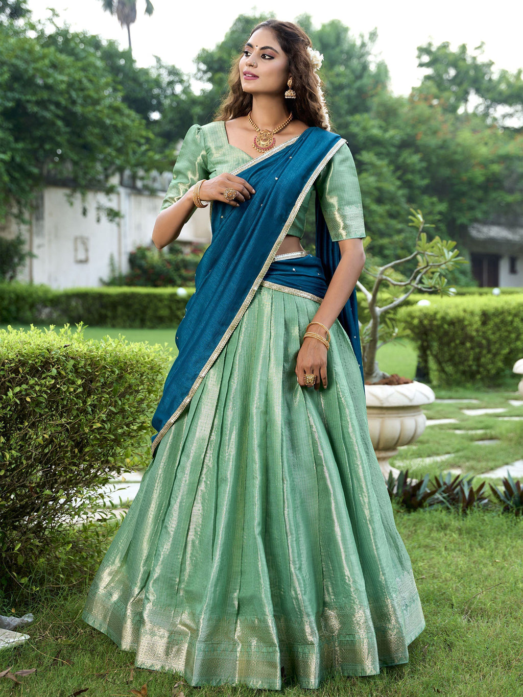 Unique Sea Green color Zari Weaving Silk  Lehenga Choli With Dupatta