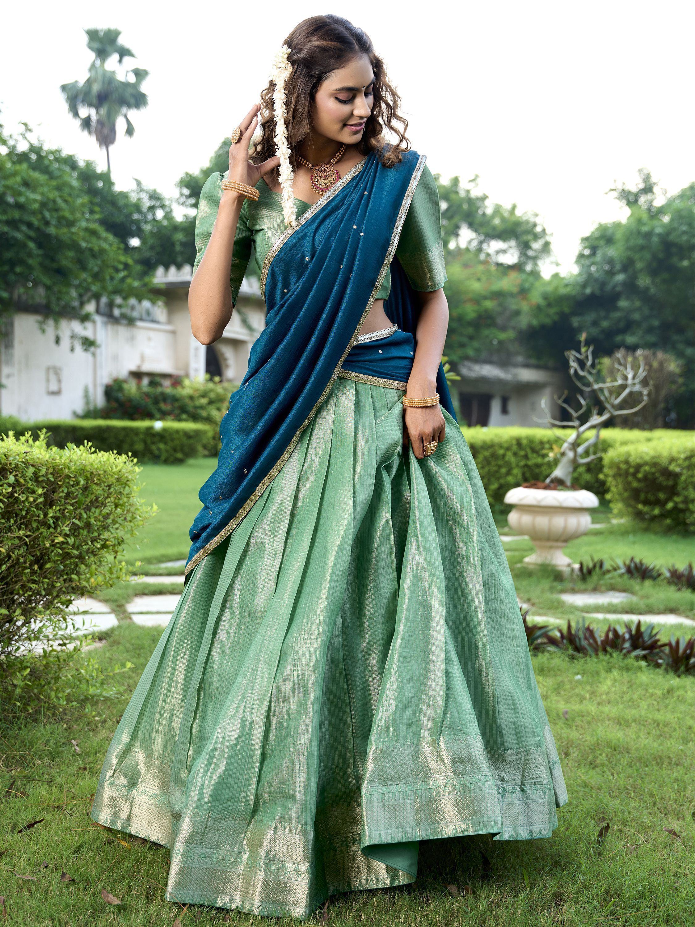 Unique Sea Green color Zari Weaving Silk  Lehenga Choli With Dupatta