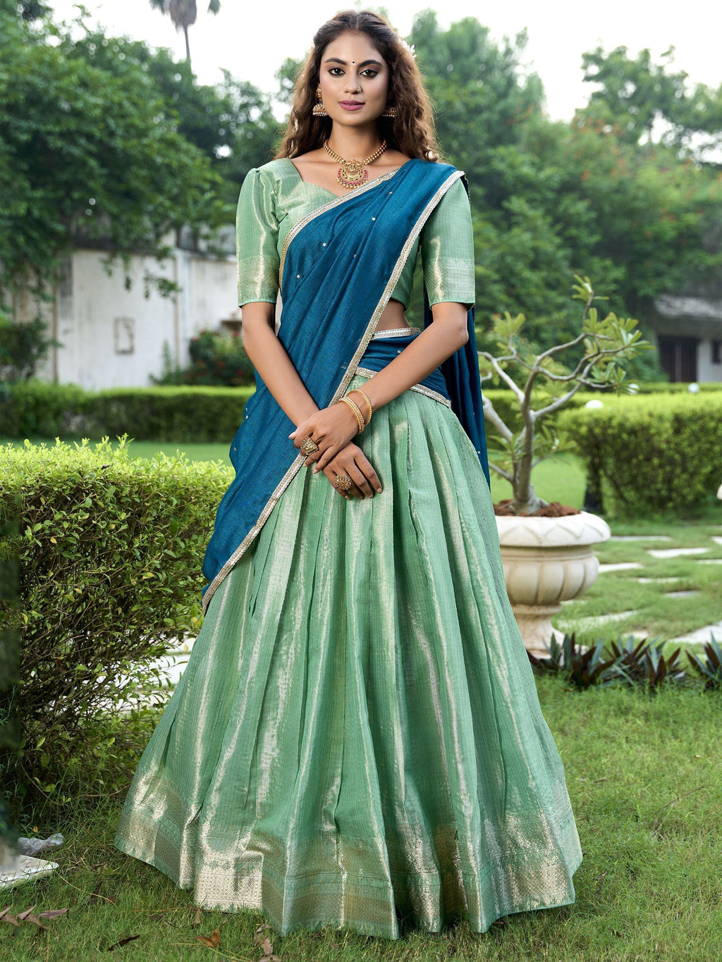 Unique Sea Green color Zari Weaving Silk  Lehenga Choli With Dupatta