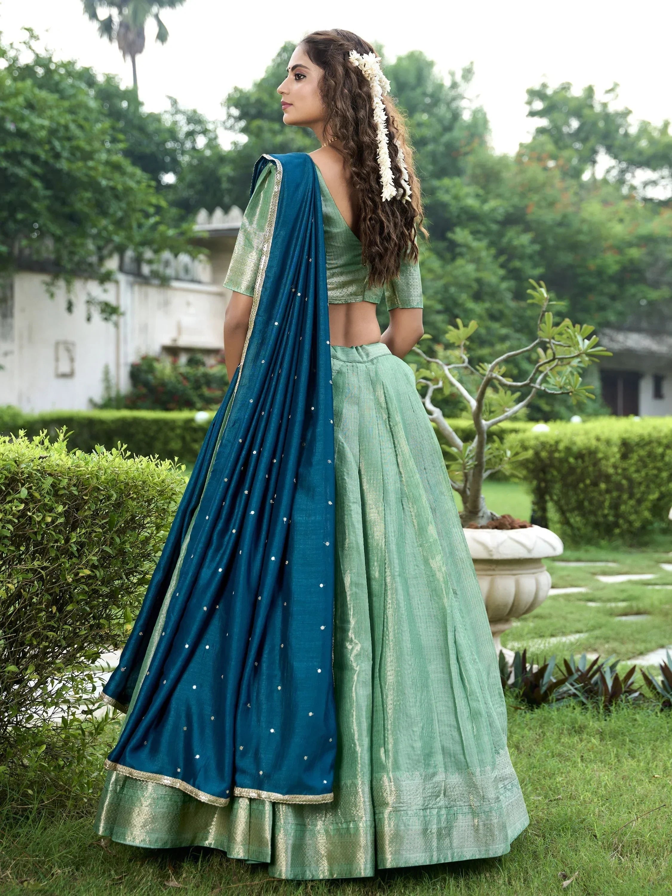 Unique Sea Green color Zari Weaving Silk  Lehenga Choli With Dupatta