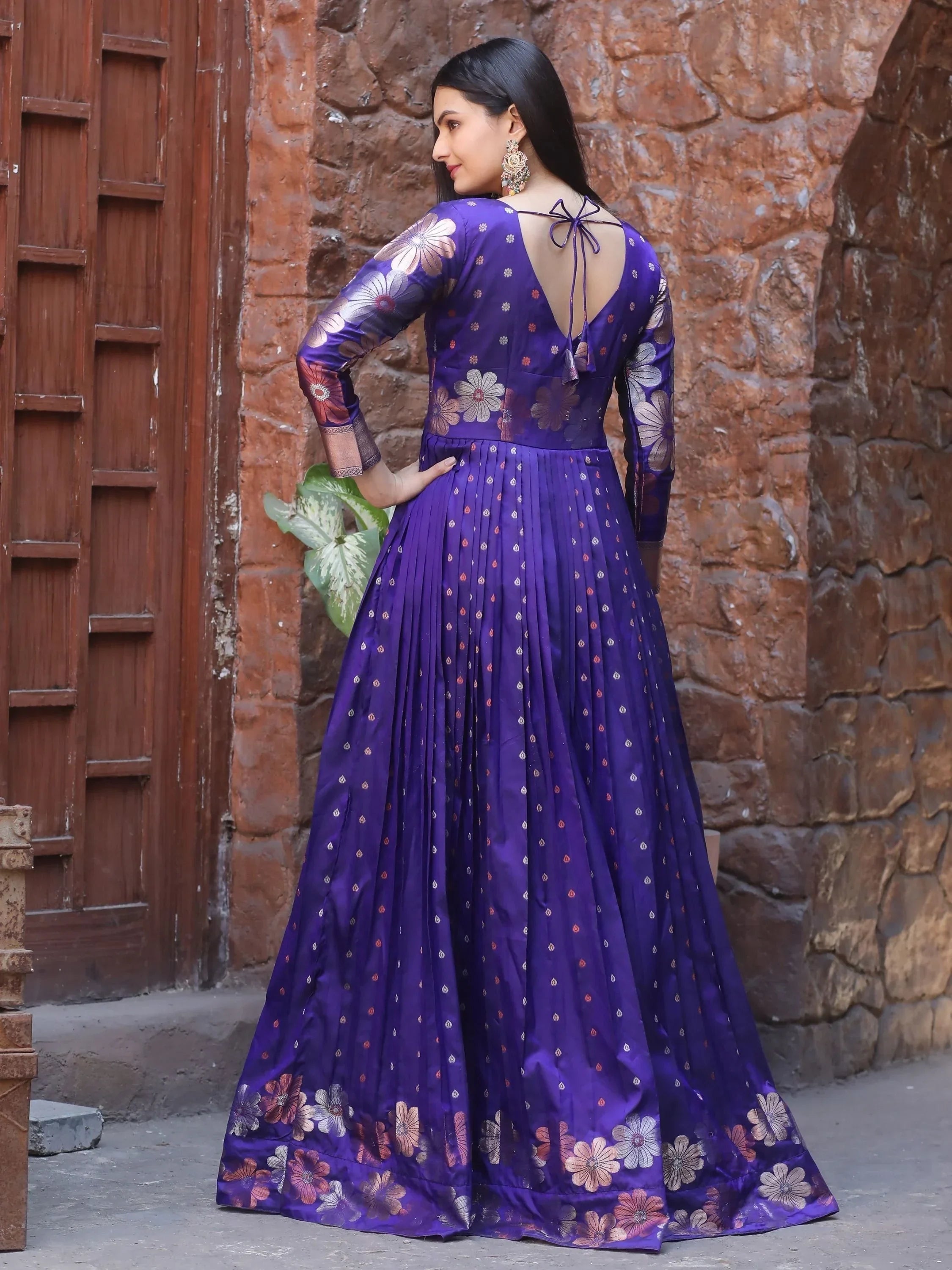 Wonderful Violet Zari Weaving and  Banarasi Silk Festival Wear Gown