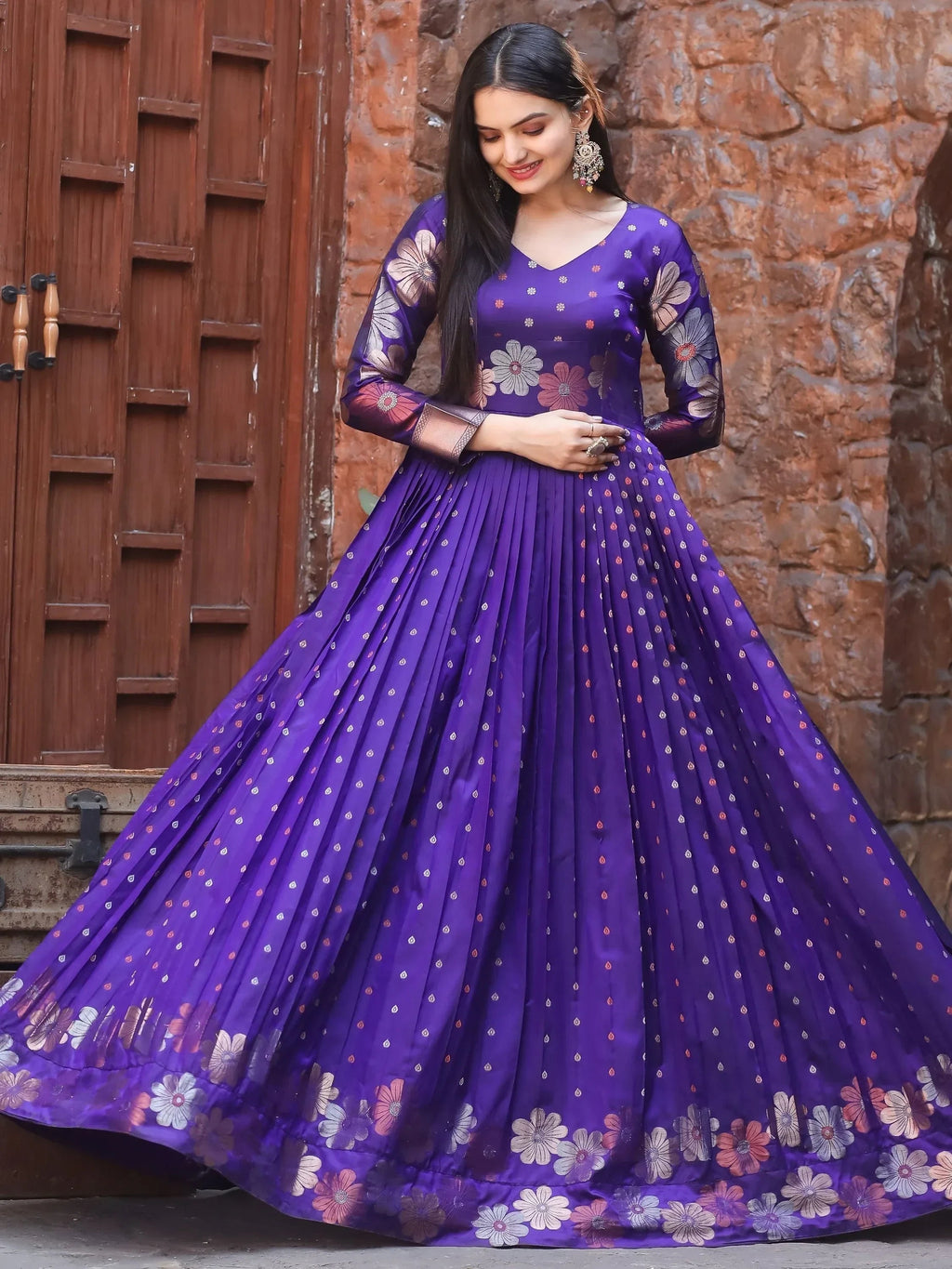 Wonderful Violet Zari Weaving and  Banarasi Silk Festival Wear Gown