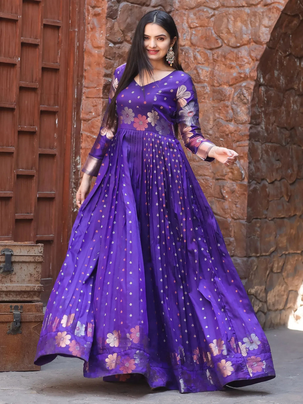 Wonderful Violet Zari Weaving and  Banarasi Silk Festival Wear Gown