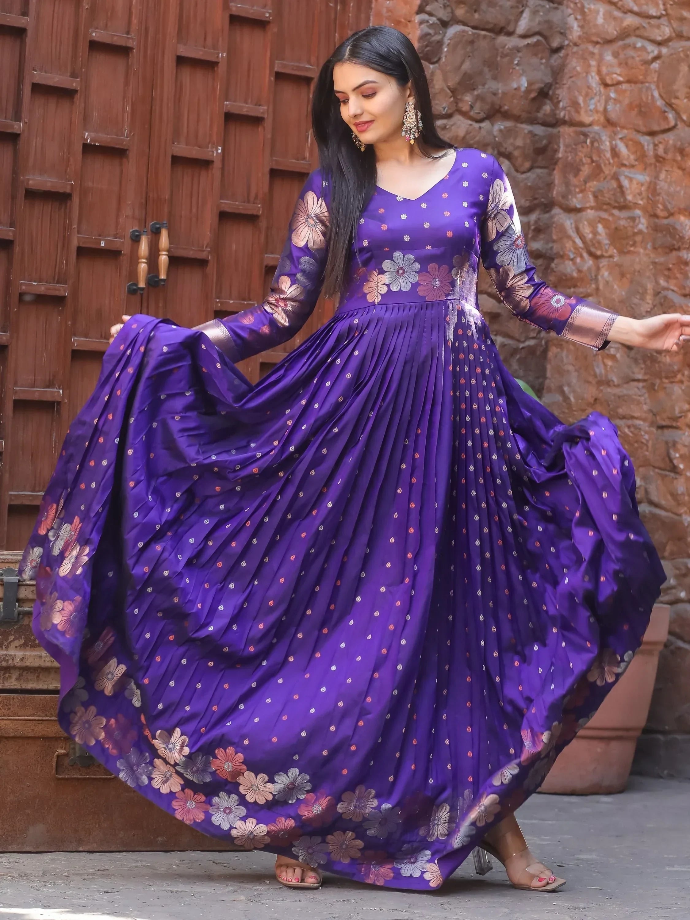 Wonderful Violet Zari Weaving and  Banarasi Silk Festival Wear Gown