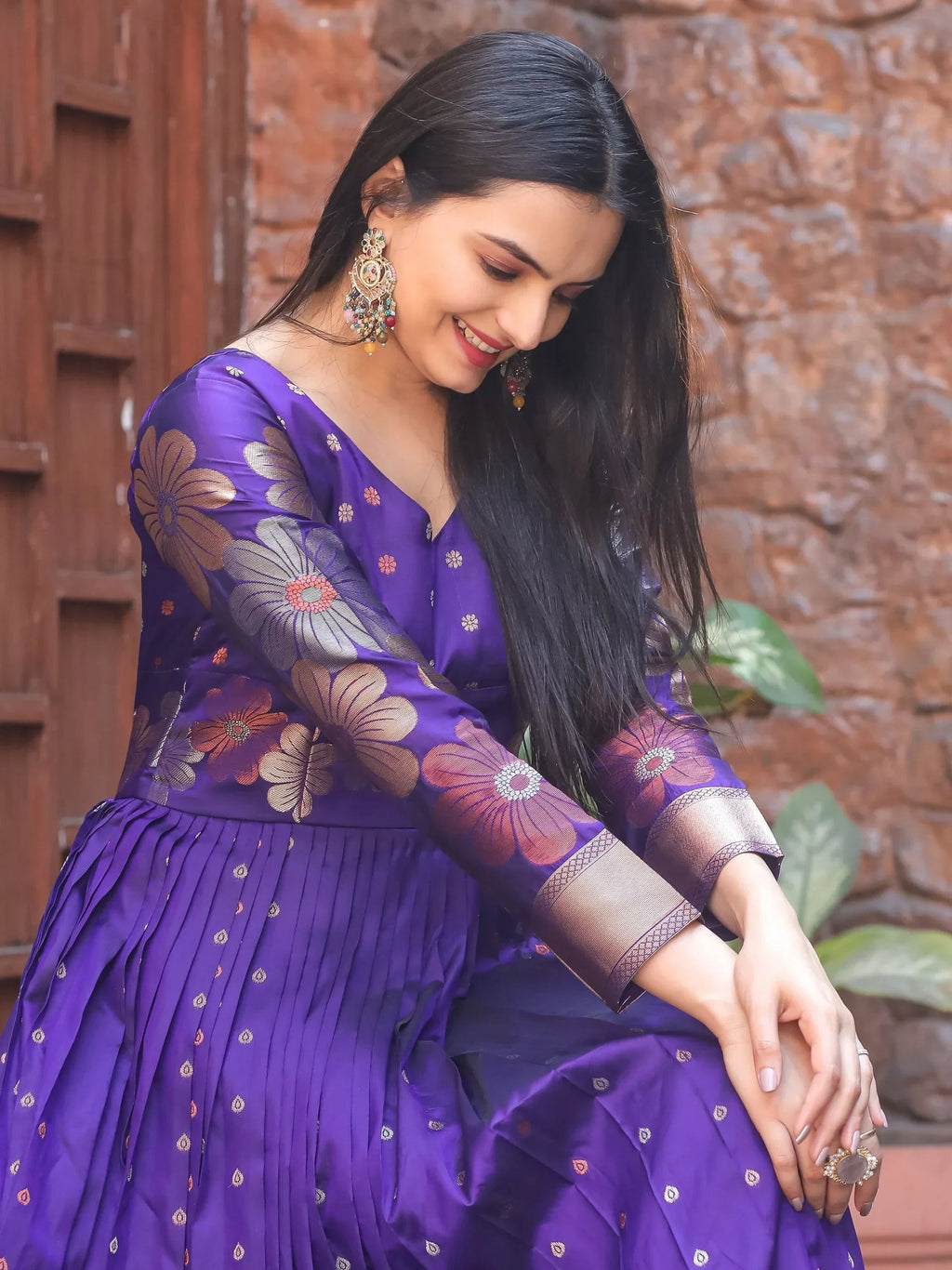 Wonderful Violet Zari Weaving and  Banarasi Silk Festival Wear Gown