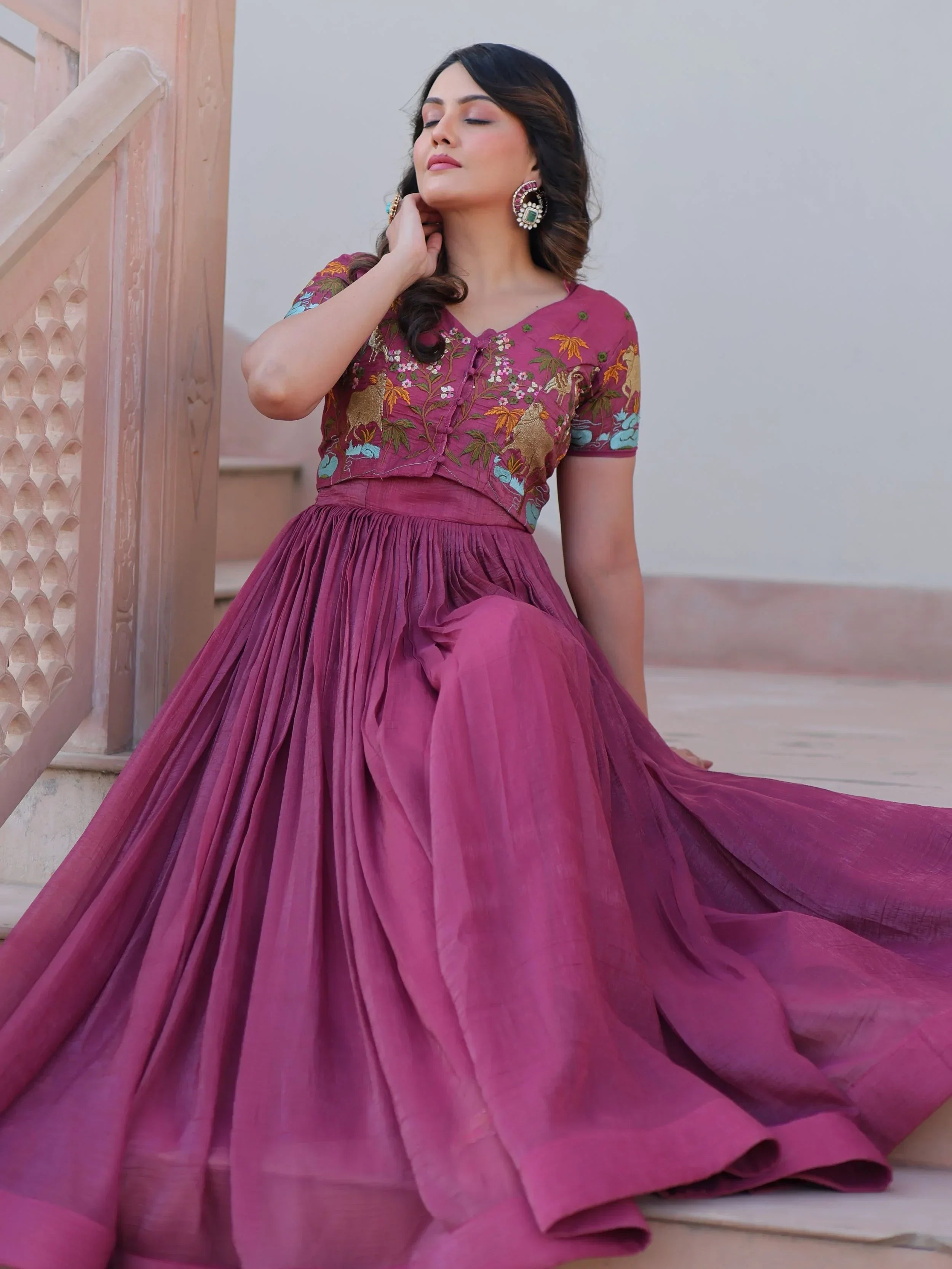 Onion Pink Organza Embroidered Festival Wear Gown With Koti
