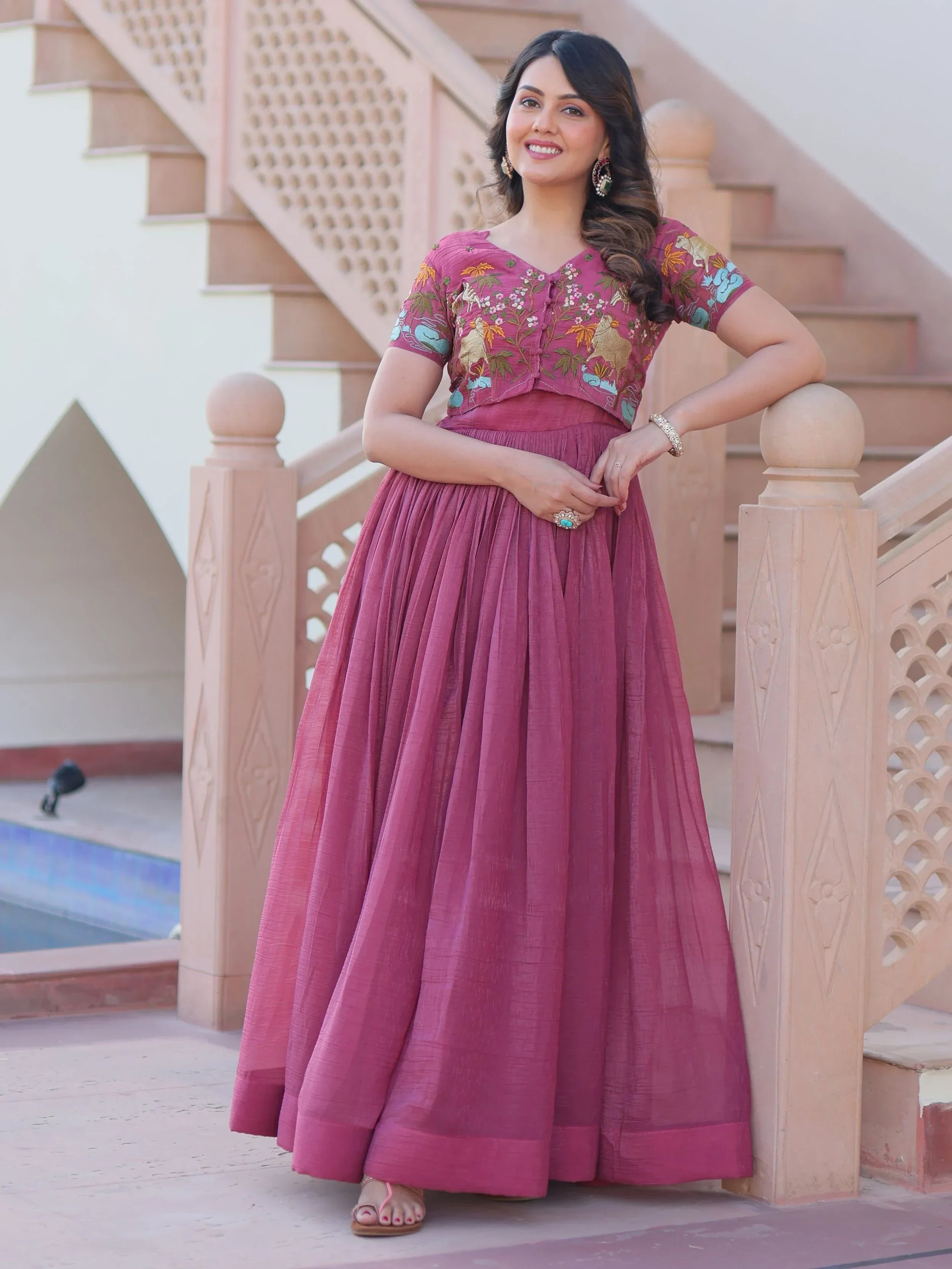 Onion Pink Organza Embroidered Festival Wear Gown With Koti