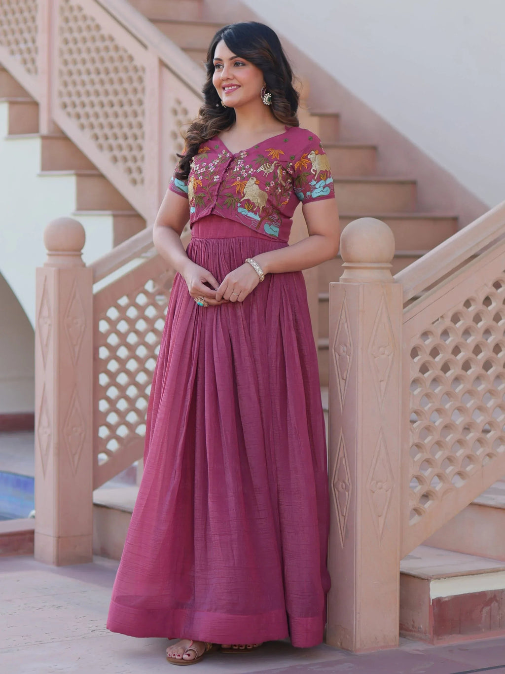 Onion Pink Organza Embroidered Festival Wear Gown With Koti