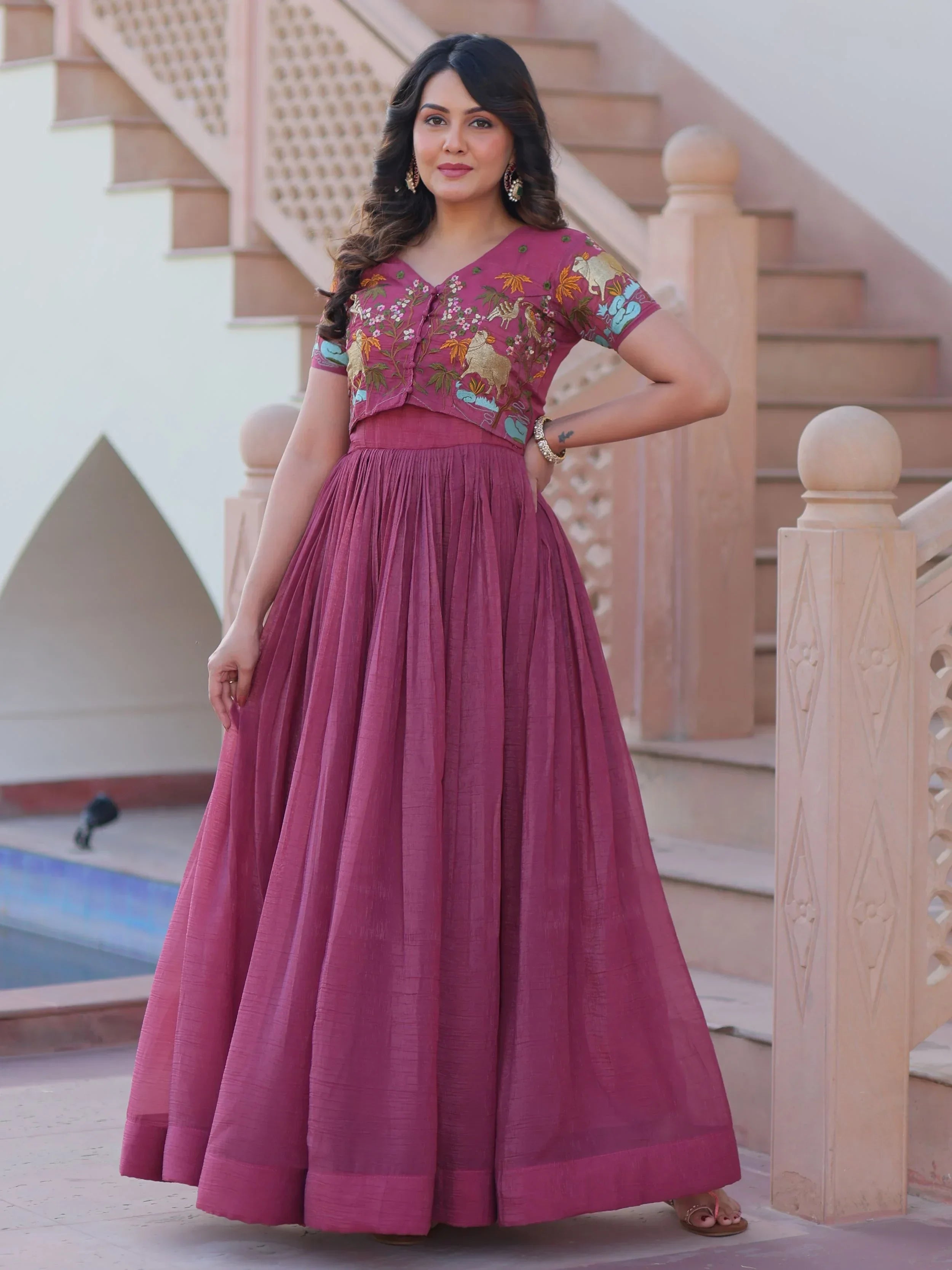 Onion Pink Organza Embroidered Festival Wear Gown With Koti