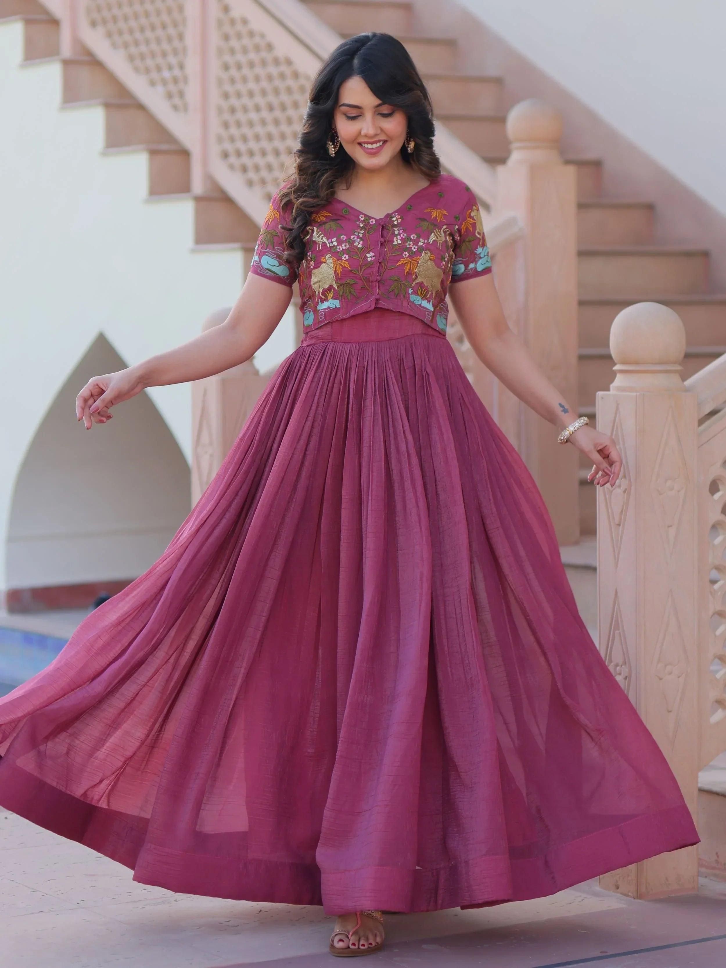 Onion Pink Organza Embroidered Festival Wear Gown With Koti